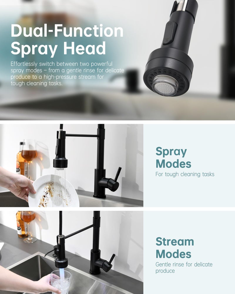 GIMILI Matte Black LED Kitchen Faucet with Soap Dispenser, Modern Single Handle Spring Kitchen Sink Faucets with Pull Down Sprayer - Image 5